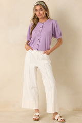 Simply So Cute Lavender Knit Scalloped Edge Puff Sleeve Button Up Cardigan