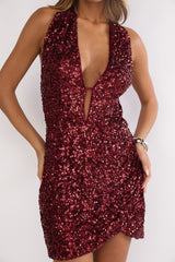 Afterlight Halterneck Backless Sequin Mini Dress Cherry