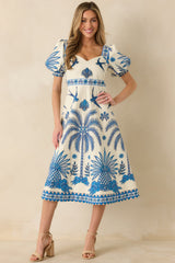 Aylaya Godthab Vibrant Blue & Ivory Cotton Tropical Print Midi Dress