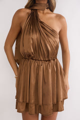 Aurora Eve One-Shoulder Mini Dress Brown