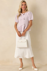 Soft Spoken Sweetness Lavender Knit Bow Detail Peplum Top