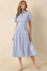 What’s to Come Blue Stripe Belted Button Front Midi Dress