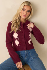 Nothing But Lovely Burgundy Argyle Collared Button Up Cardigan Sweater