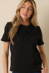 Tied To Charm Black Cotton Beaded Bow Short Sleeve Top
