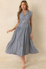 Checked and Considered Navy Gingham Belted Sleeveless Button Up Midi Dress