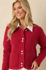 A Certain Something Red Knit Pearl Accent Button Up Cardigan