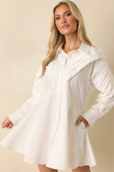 All The Angles White Cotton Pleated Detail Long Sleeve Button-Up Mini Dress