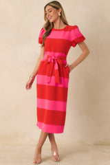 Boldly Yours Red & Pink Stripe Puff Sleeve Midi Dress