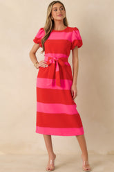 Boldly Yours Red & Pink Stripe Puff Sleeve Midi Dress