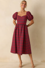 Always You Cotton Red Plaid Puff Sleeve Midi Dress