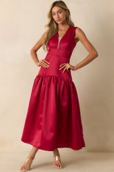 Never Out Of Reach Red Satin Sleeveless Drop Waist Maxi Dress
