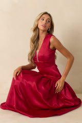 Never Out Of Reach Red Satin Sleeveless Drop Waist Maxi Dress