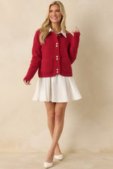 A Certain Something Red Knit Pearl Accent Button Up Cardigan