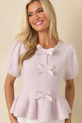 Soft Spoken Sweetness Lavender Knit Bow Detail Peplum Top