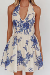 El Corazon Halterneck Mini Dress Floral Blue