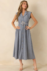 Checked and Considered Navy Gingham Belted Sleeveless Button Up Midi Dress