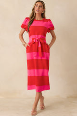 Boldly Yours Red & Pink Stripe Puff Sleeve Midi Dress