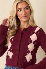 Nothing But Lovely Burgundy Argyle Collared Button Up Cardigan Sweater