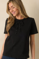 Tied To Charm Black Cotton Beaded Bow Short Sleeve Top