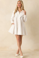 All The Angles White Cotton Pleated Detail Long Sleeve Button-Up Mini Dress