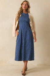 Nothing But Chic Blue Polka Dot Cotton Sleeveless Midi Dress
