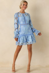 Keep It Authentic Light Blue Floral Embroidered Mini Dress