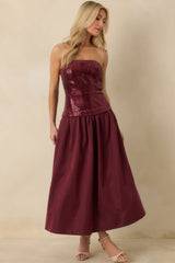 Sips & Sparkles Wine Red Sequin Strapless Midi Dress