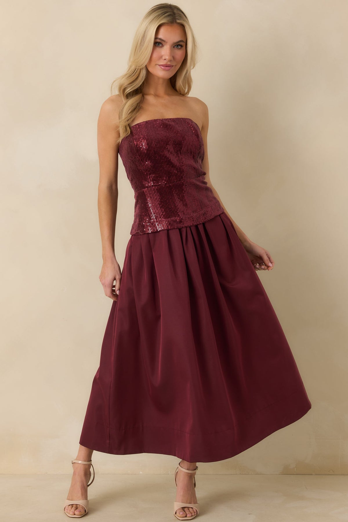 Sips & Sparkles Wine Red Sequin Strapless Midi Dress