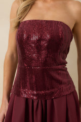 Sips & Sparkles Wine Red Sequin Strapless Midi Dress