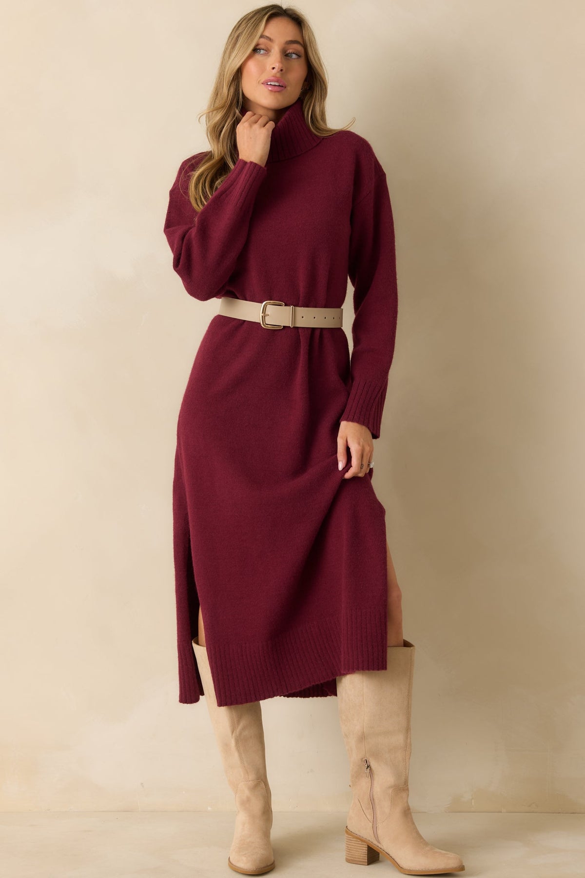 Toasty Thoughts Burgundy Red Knit Turtleneck Sweater Midi Dress