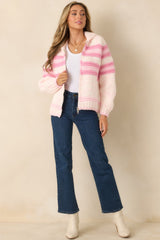 Looking Like Love Pink Multi Chunky Knit Stripe Zip Up Sweater Jacket