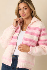 Looking Like Love Pink Multi Chunky Knit Stripe Zip Up Sweater Jacket