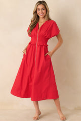 Let It Be Easy Cherry Red Smocked Waist Zip Maxi Dress