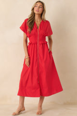 Let It Be Easy Cherry Red Smocked Waist Zip Maxi Dress