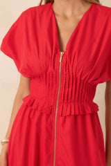 Let It Be Easy Cherry Red Smocked Waist Zip Maxi Dress