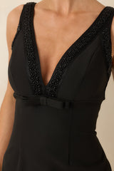 With You In Mind Black Beaded V-Neck Midi Dress