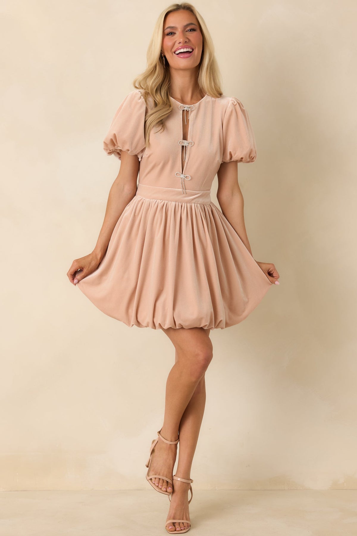Couldn't Be Sweeter Blush Pink Stretch Velvet Bow Detail Mini Dress