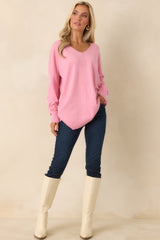 Wind Down Bubblegum Pink Knit Long Sleeve V-Neck Sweater