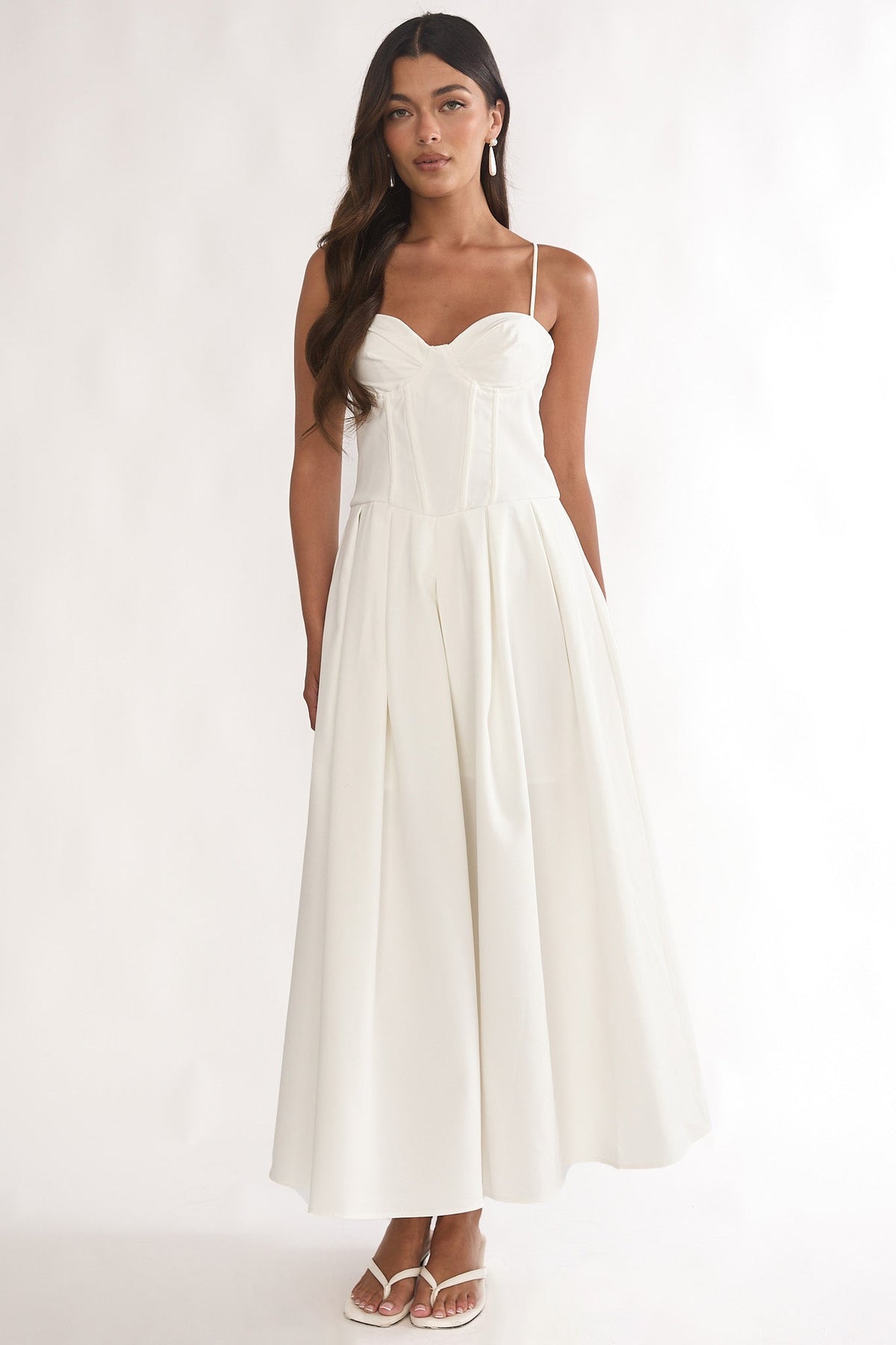 Kearsy Box Pleat Sweetheart Neckline Midi Dress White