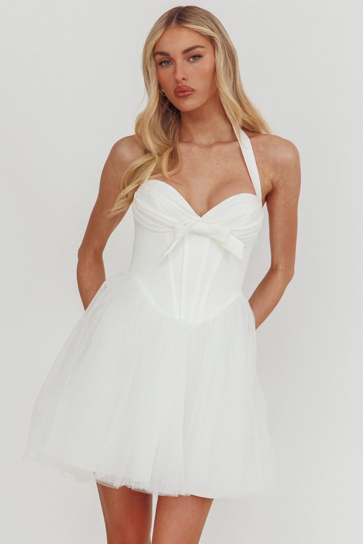 Princessa Sweetheart Neckline Halter Mini Dress White