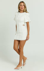 Laila Mini Linen Blend Dress - High Neck Side Cut Out Puff Sleeve Straight Dress in Off White