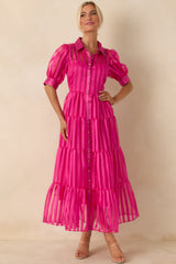 Fiercely Yours Fuchsia Pink Sheer Stripe Tiered Button Up Maxi Dress