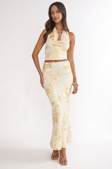 Golden Hours Cowl Halter Top Embellished Yellow