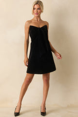 Tie It Together Black Velvet Draped Tie Panel Strapless Mini Dress