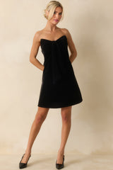 Tie It Together Black Velvet Draped Tie Panel Strapless Mini Dress