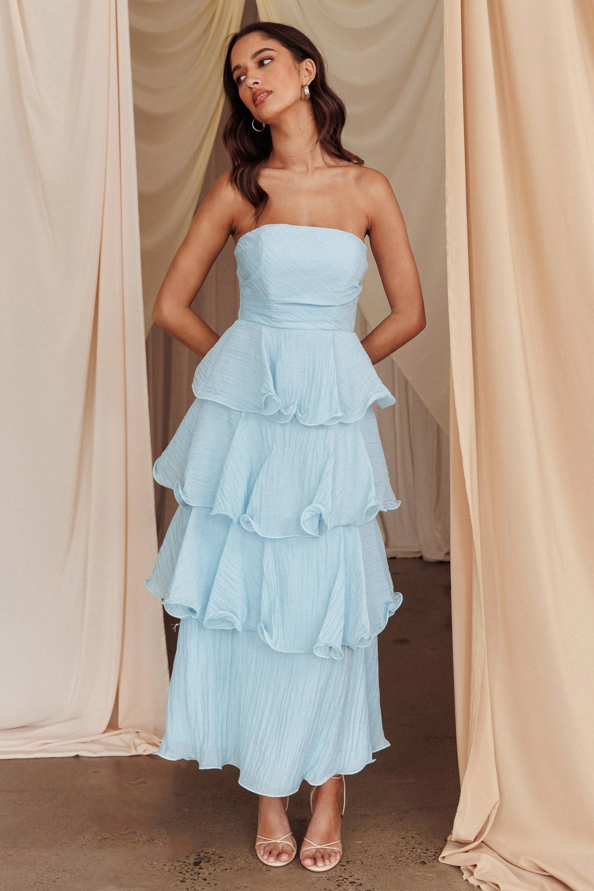 Giavana Strapless Layered Midi Dress Pale Blue – heylulus