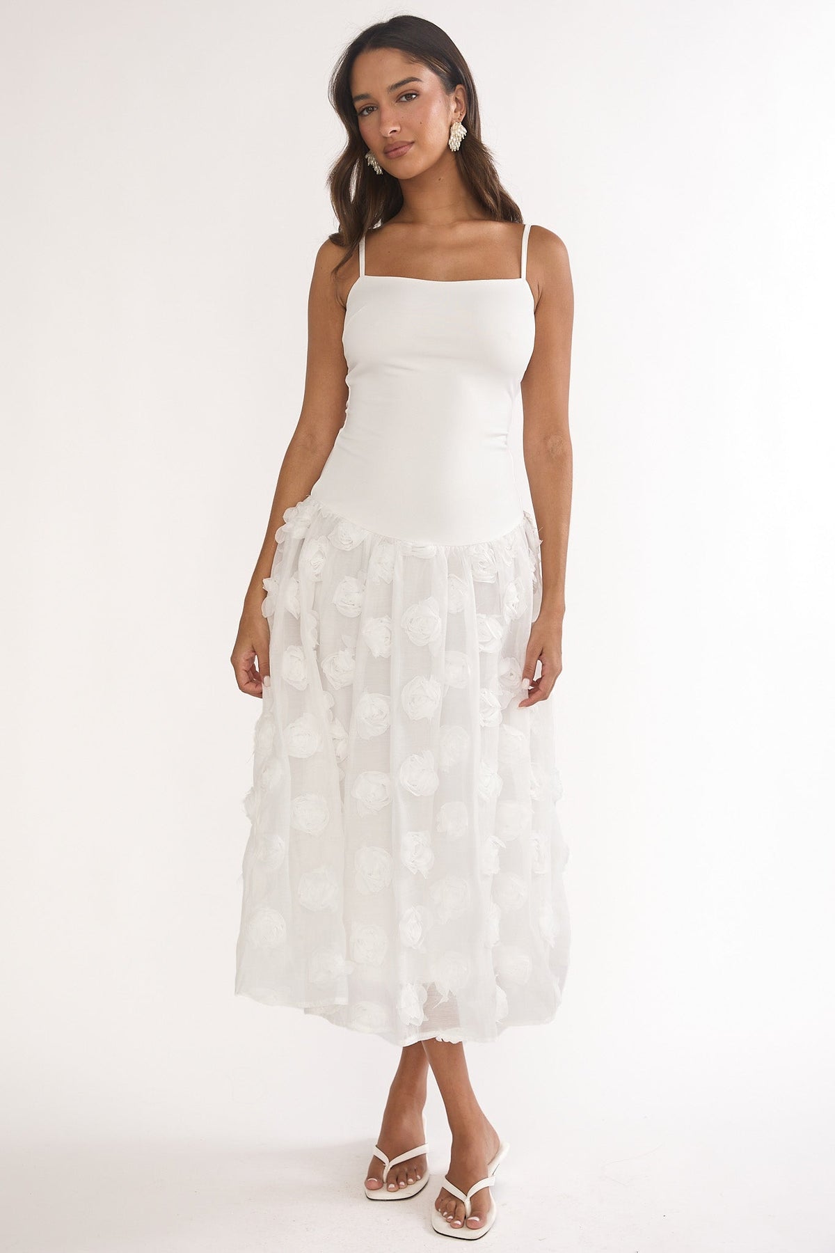 Adley Embellished Drop Waist Midi Dress White