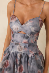 Bloom Service Grey Multi Floral Cutout Bodice Midi Dress