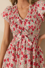 Tied With Love Red Multi Floral Print Cotton Bow Detail Midi Dress