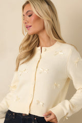Little Love Notes Ivory Knit Bow Detail Button Front Cardigan Sweater